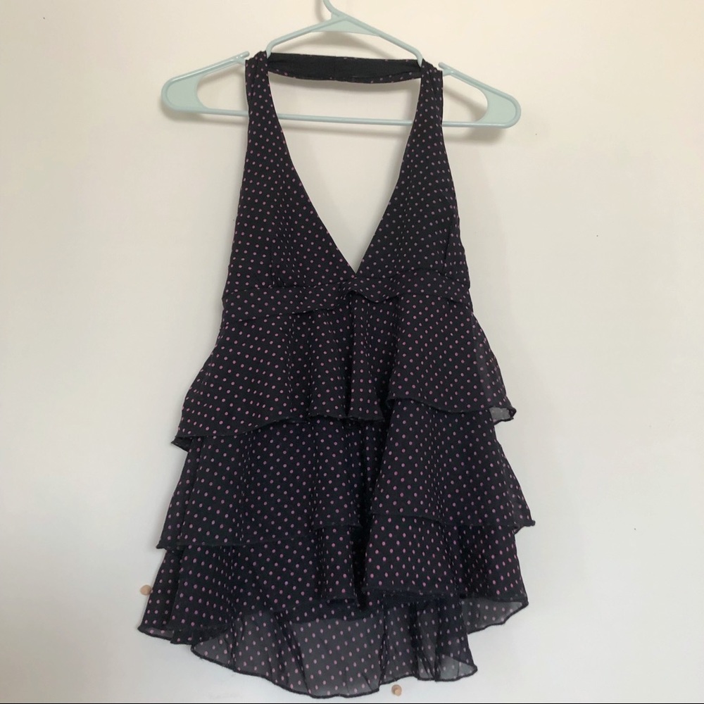 Valleygirl Black and Fuschia Polkadot Ruffled Halter Top